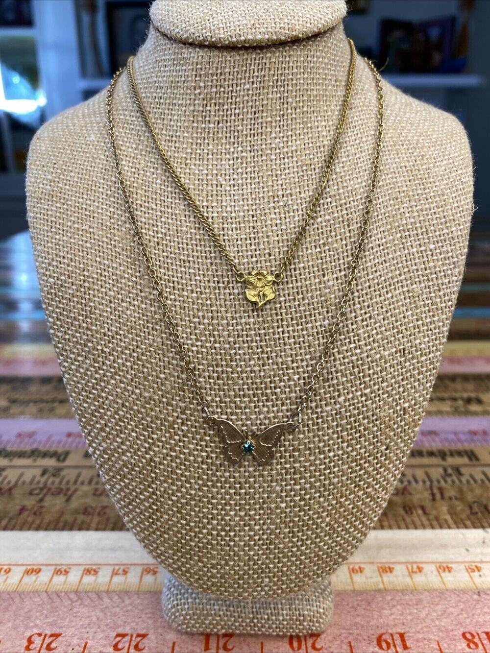 Vintage 70s S Girls Goldtone Butterfly Green Rhinestone May Birth Necklaces 2